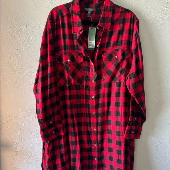 Red and Black Plaid Shirt Dress - Picture 2 of 7